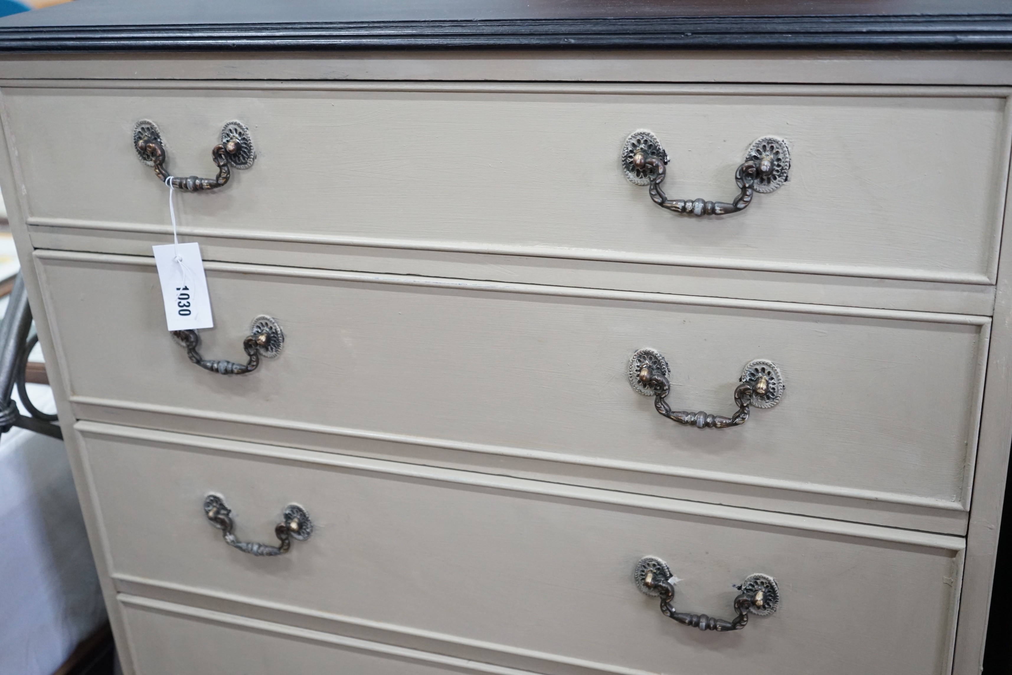 A reproduction George III style painted five drawer chest, width 80cm, depth 49cm, height 110cm